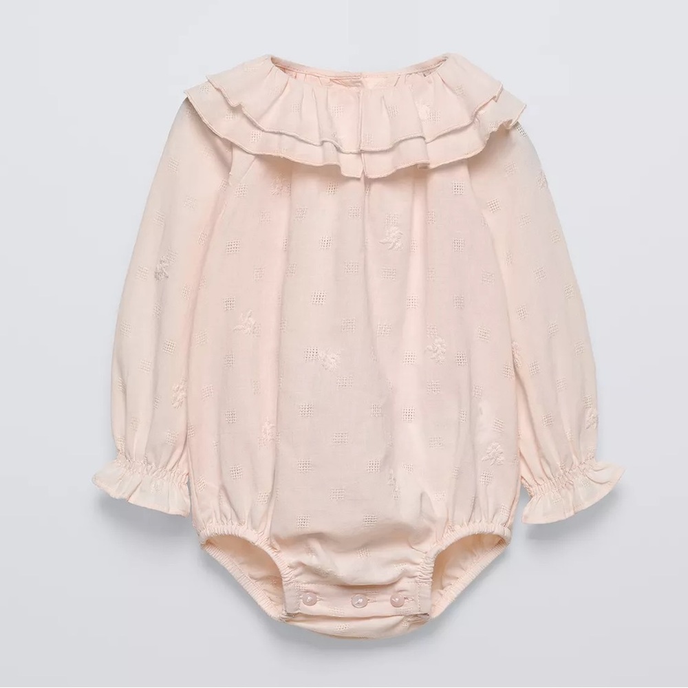 Zara Soft Pink Baby girl Onesie with Ruffles and floral embroidered bodysuit